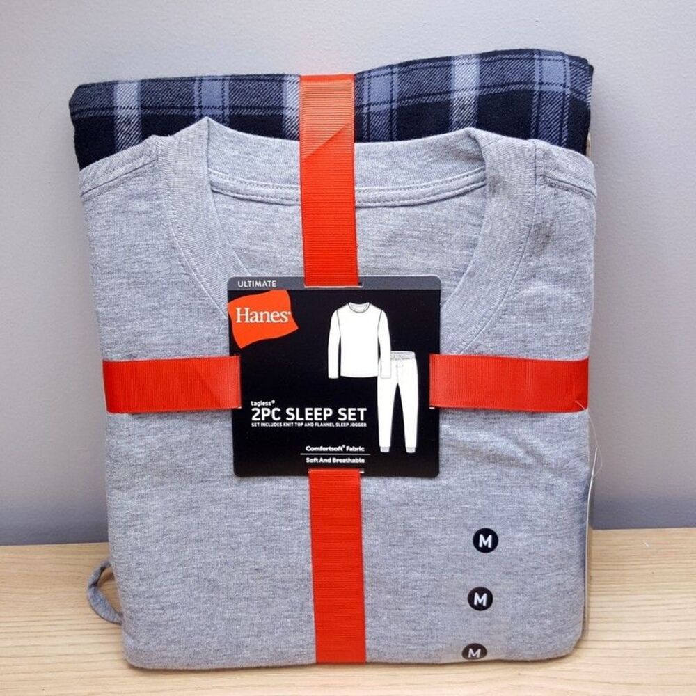 HANES Pajama Set Mens Medium Grey Long Sleeve Crew Flannel Plaid Jogger Pjs
